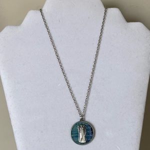 BBC weeping Angel women silver tone blue graphic pendant and necklace. Used.